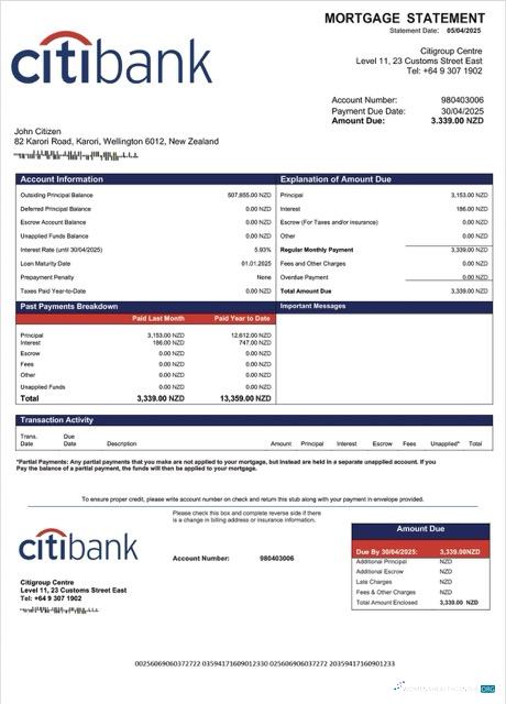 Download New Zealand Citibank New Zealand mortgage statement Word and PDF template Photoshop template